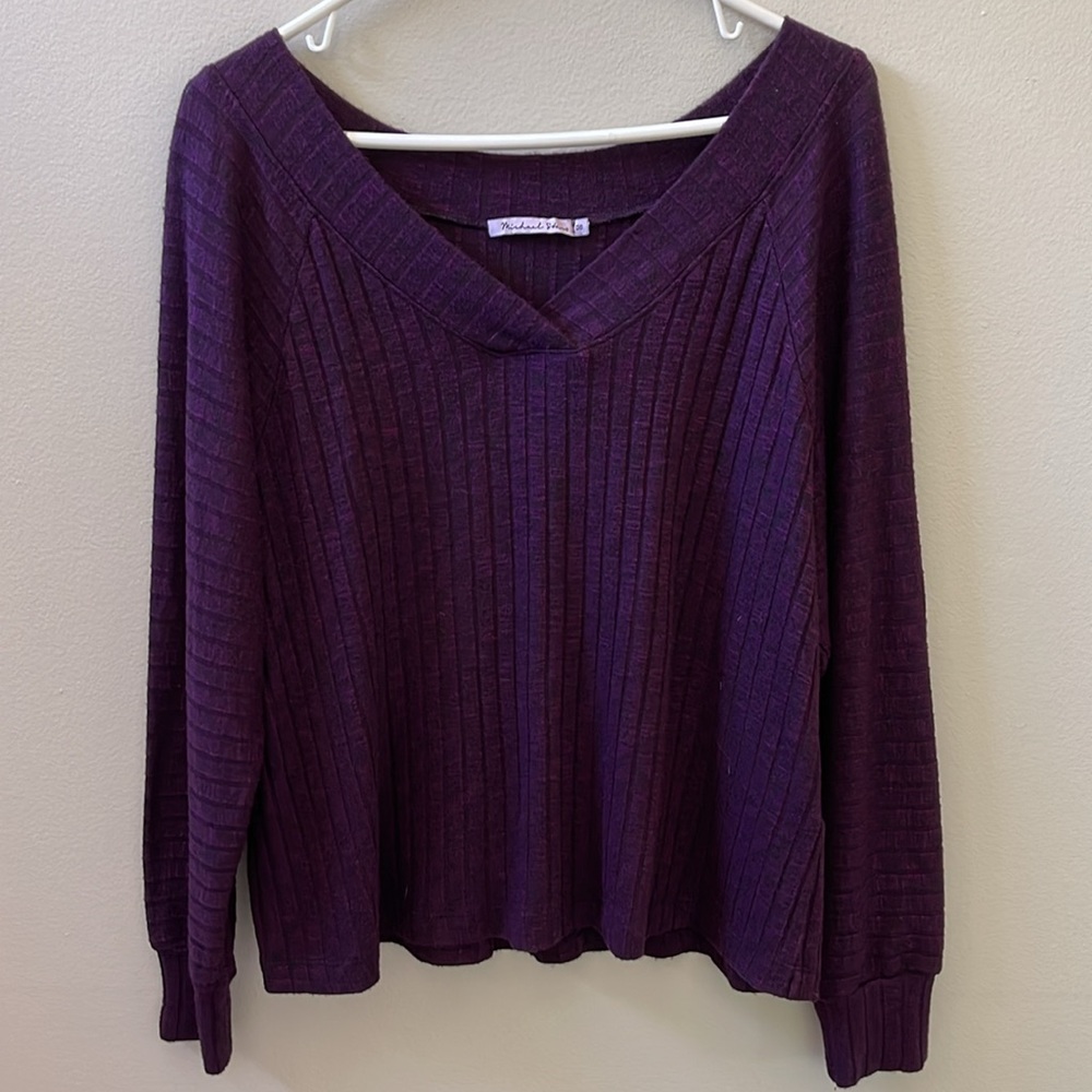 Michael Stars, Long Sleeve Women's V-neck Purple & Black Pullover Sweater